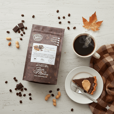 A bag of Chocolate Peanut Butter Silk Pie Coffee – A Luxurious Dessert in Your Cup 🍫🥜☕ sits by a cup of steaming coffee, chocolate pie slice, coffee beans, peanuts, chocolate pieces, an autumn leaf, and a cozy plaid cloth—ideal for savoring seasonal flavors.